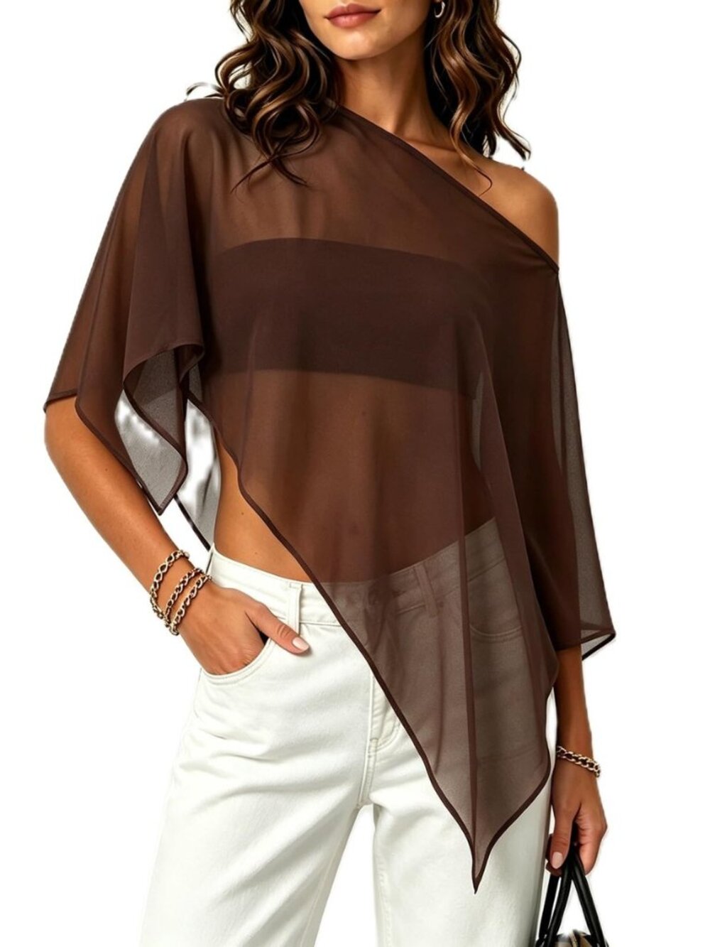 Womens Chiffon Poncho Top Sheer See Through Shawl Shrug Tops Irregular Hem